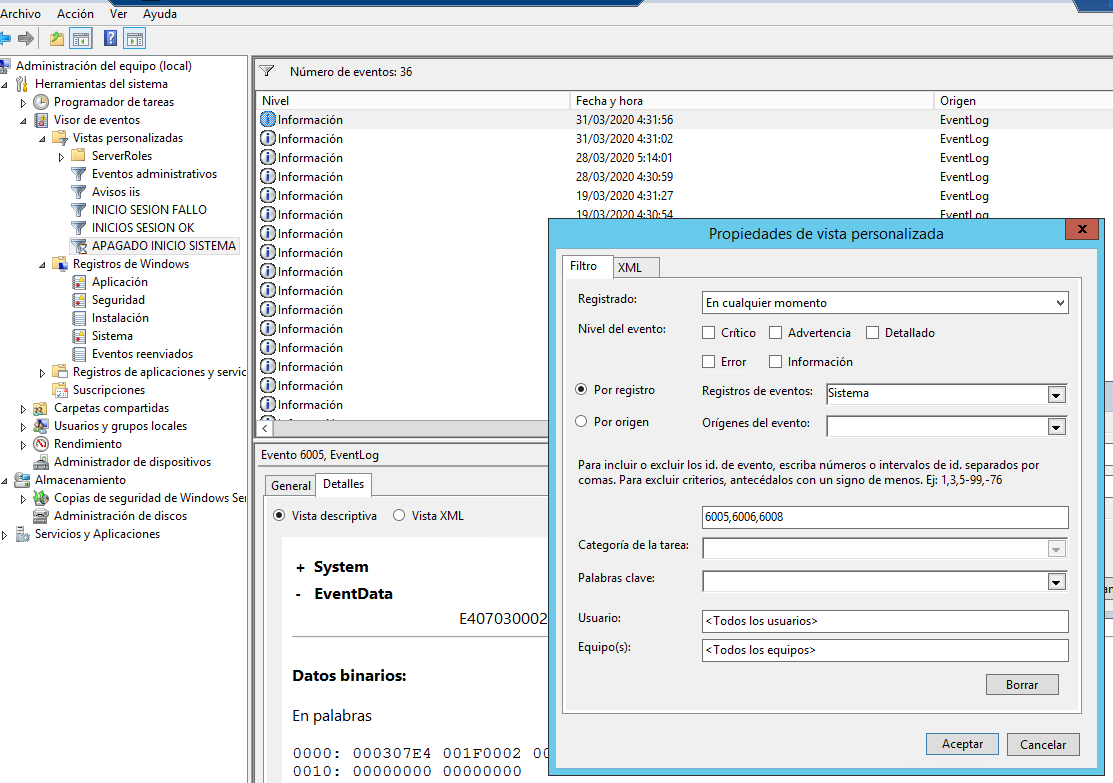 Visor de Eventos Windows Server para detectar problemas
